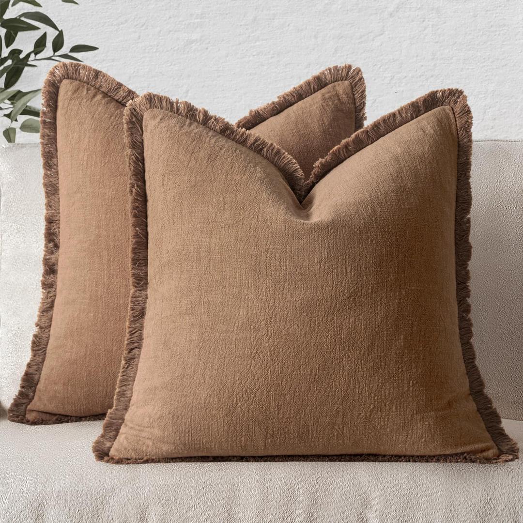MIULEE Decorative Throw Pillow Covers Neutral Linen Fringe Throw Pillows Set of 2 Brown Boho Farmhouse Cushion Covers with Tassels for Couch Sofa Bed Living Room Spring Home Decor 18x18 Inch (18" x 18" (Pack of 2))