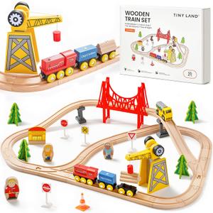 Tiny Land 55PCS Wooden Train Set - Compatible with Major Brand Tracks, Educational Toy for Toddlers & Kids Ages 3-7, Durable Wooden Railway Tracks