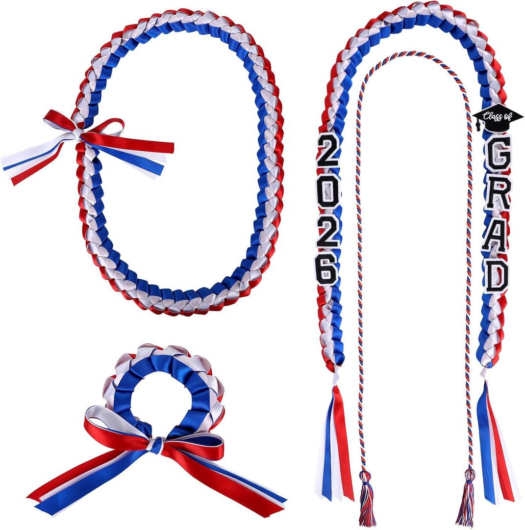 4pcs 2026 Graduation Accessory Set, Class of 2026 Grad Ribbon Lei Necklace & Honor Cord & Braided Wristband for High School College Grad Party Ceremony Photo Props Gift (Red, Blue, White)
