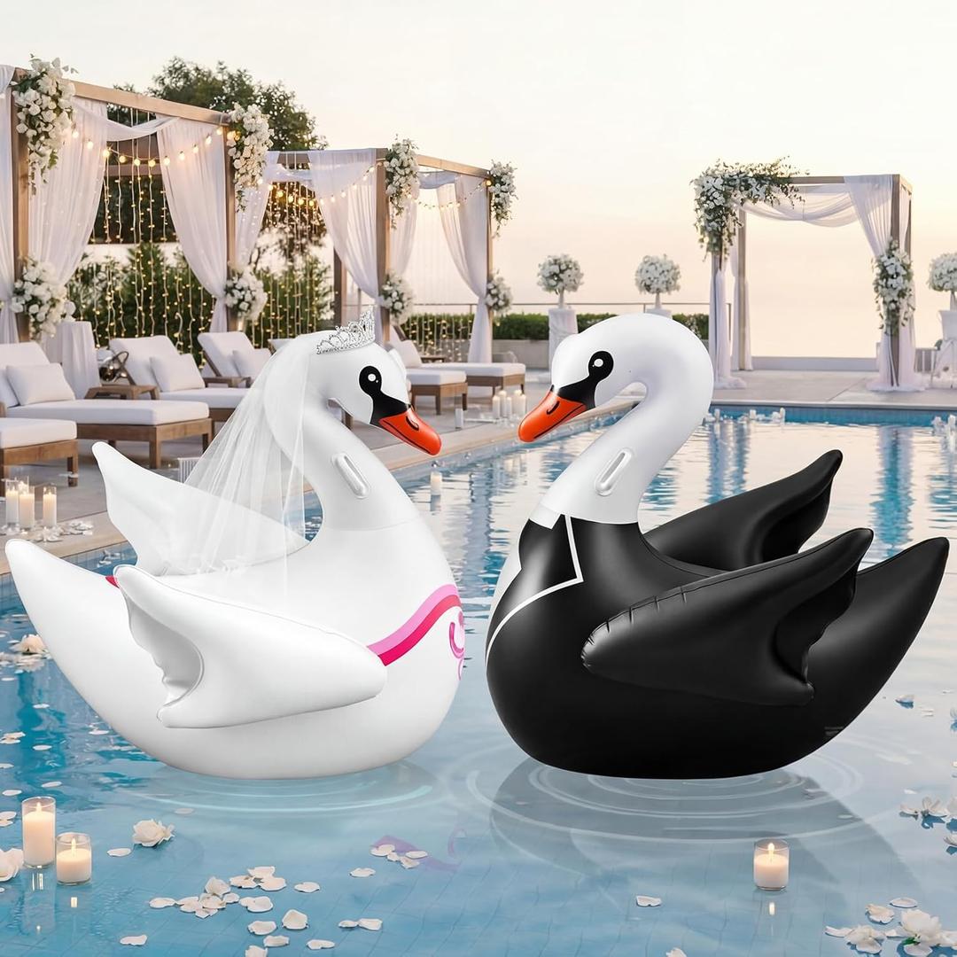 Hungdao 2 Pcs 4 ft Wedding Swan Floatie Inflatable Pool Floats Large Bride Groom Rubber Swan for Wedding Bridal Bachelorette Party Decoration Engagement Gifts (Not Include Wreath and Air Pump)
