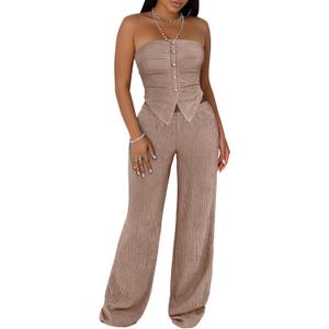 LovelyWholesale Sexy 2 Piece Outfits for Women Textured Tube Top and High Waist Wide Leg Pant Set, X Large