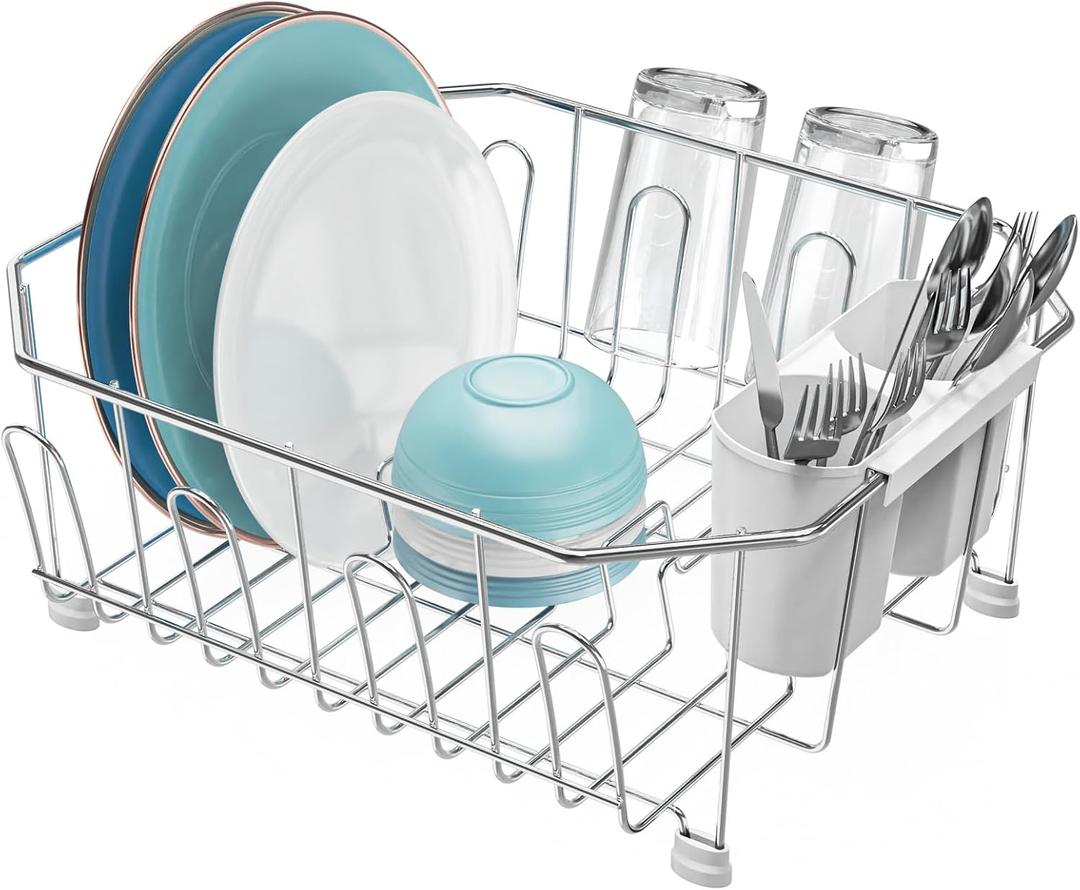 GSlife Small in Sink Dish Drying Rack - Stainless Steel Compact Dish Drainer for RV Kitchen Apartment Sink, Rust Resistant Inside Sink Rack, 12 Person Households, 11.6" W x 13.4" L, Silver