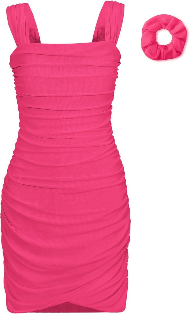 EXARUS Girls Dance Dress with Built in Bra Teen Ruched Bodycon Mesh Front Wrap Hem Tween Easter Party Tight Mini Dresses (10 Years, Rose)