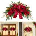 Alupssuc 24" Christmas Swag for Front Door Teardrop Decoration with Bows,Xmas Balls,Red Magnolia,Berries, Pine Cone for Indoor Outdoor Swags Wall Window Table Mantel Home Holiday Hanging Decor,1 PCS
