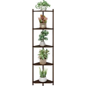 Wisuce Corner Shelf Stand - 5 Tier Walnut Bamboo Small Corner Bookshelf for Office Kitchen Bedroom Plant Stand Living Room Decor Small Space