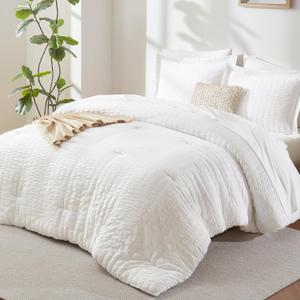 CozyLux King Size Comforter Set White Seersucker 7 Pieces Bed in a Bag King Comforter Set with Sheets, Luxury Soft Bedding Sets with Down Alternative Comforter, Sheets, Pillowcases & Shams All Seasons