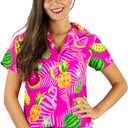 Women's Blouse-Shirt Short-Sleeve Casual-Button-Down Hawaii-Vacation Flamingo-Melons Fruity (X-Large)
