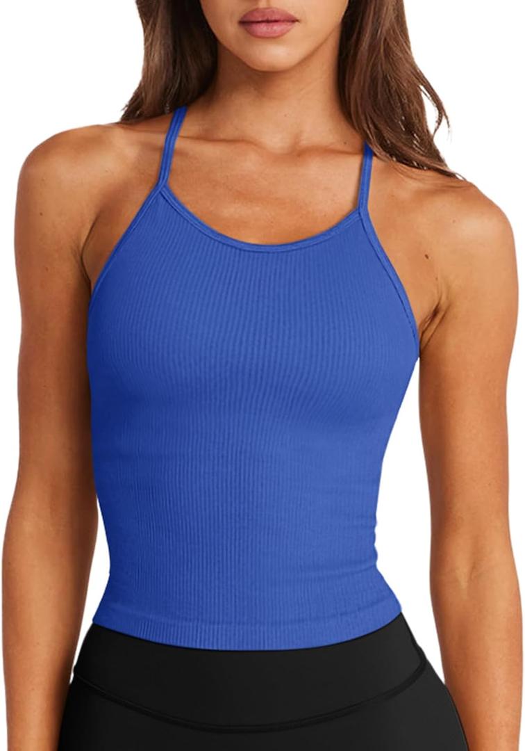 LASLULU Womens Sports Bra Seamless Long Crop Tank Racer Back Spaghetti Strap Workout Yoga Bra Padded Halter Neck Casual Tops (Large, Klein Blue)