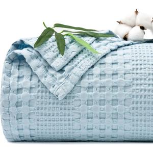 PHF Cooling Waffle Blanket Queen Size, Lightweight 60% Rayon Derived from Bamboo & 40% Cotton Breathable Blanket for Hot Sleepers, Soft and Luxury for Bed Couch and Sofa, 90"x90",Sky Blue