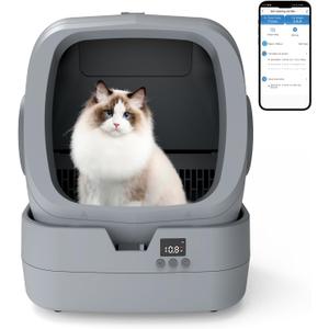 UPFAS Automatic Cat Litter Box Self Cleaning - APP Control - Weight Monitoring - Ultra-Quiet, Medium Cats and Kittens Litter Box, Safe Anti-PinchAssembly Required- Grey