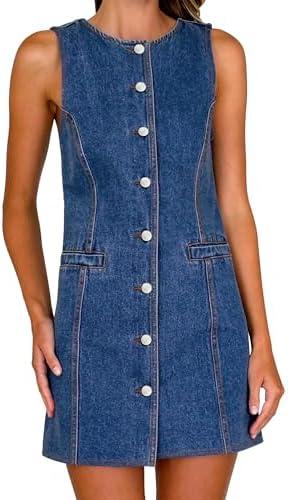 Nitzana Women's Denim Dress Jean Sleeveless Button Down Shirt Mini Tank Casual Summer Dresses with Pocket 2025 Trendy Outfits, Medium