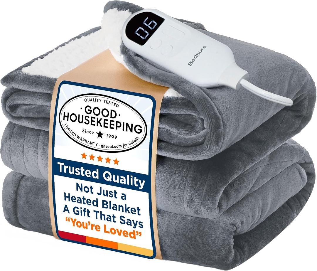Bedsure Electric Blanket Twin with Preheat Function - Soft Flannel Heated Blanket Twin Size, Fast Heating with 6 Time Settings (Up to 10H) & 6 Heat Settings, Gifts for Grandma (62x84 inches, Grey)