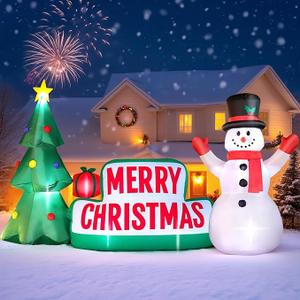 FunFanso 10 FT Long Christmas Inflatable Merry Christmas Sign Outdoor Decorations, Blow up Xmas Sign with Christmas Tree and Snowman, Builtin LED Lights for Yard Lawn Garden Holiday Party Home Porch