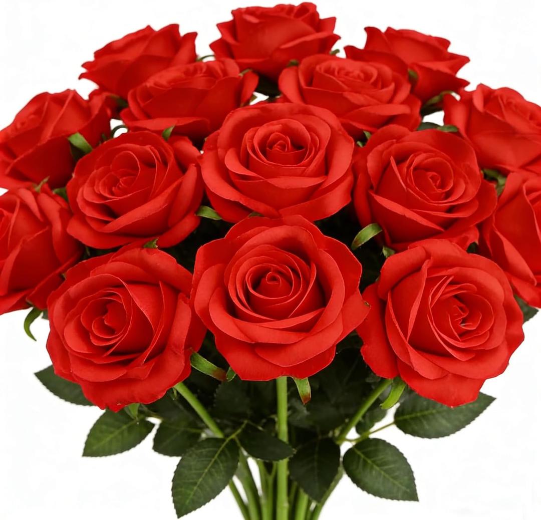 Red Fake Roses Artificial Flowers - 12 Pcs Fake Artificial Roses Silk Flowers with Stems for Home Wedding Hotel Office Centerpiece Decor