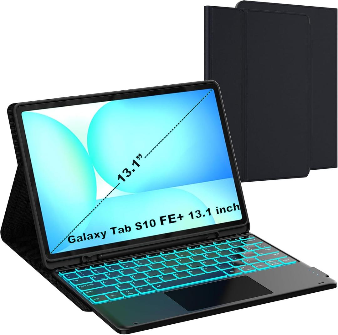 for Galaxy Tab S10 FE+ 13.1 inch Case with Keyboard - 7 Color Backlit Detachable Tablet Keyboard Cover with Touchpad - Tab S10 FE Plus 13.1" 2025 Samsung Keyboard Case with S Pen Holder Black