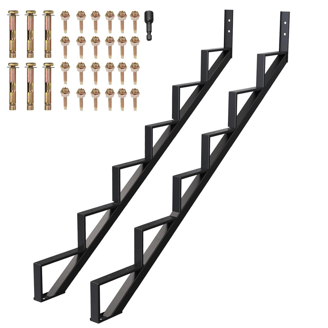 2PC Steel Stair Riser 6-Step, Metal Stair Stringer Load Capacity 3000 Lbs for Outdoor Stairs, Metal Steps for Deck Height 51.26", Anti-Rust Powder Coating, Black