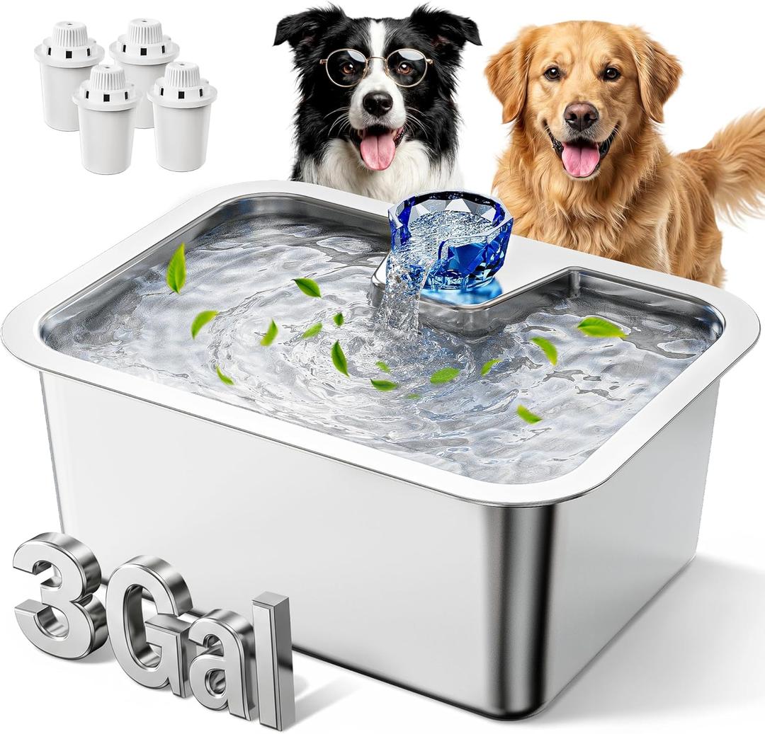 Stainless Steel Dog Water Fountain, 3 Gallon Extra Large Pet Fountains for Large Dogs, Great Dane Waterer Automatic Dog Bowl Dispenser,Filter Drinking Bowls for Multi Pets, Easy to Clean, Quiet Pump