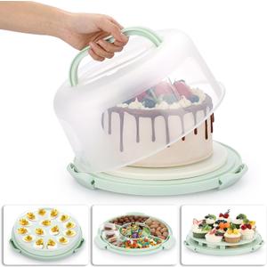 BSTKEY Portable Cake Carrier with Lid and Handle, Devil Egg Container + Cupcake Storage Tray for Transport, 10 Round Cake Container Holder with Two Sided Base for Pies Cookies Nuts Fruit, Green