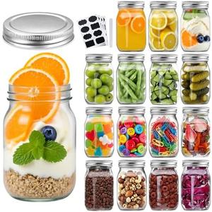 Accguan 16oz Glass Mason Jars with Regular Airtight Lids Ideal for Jam,Honey,Shower/ Wedding Favors, Clear, 15 pack
