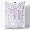 Purple Bow Throw Blanket, Personalized Initial M Soft Fluffy Cozy Flannel Blanket, Monogrammed Gifts for Daughter Women Teen Girls, Customized Blanket for Bedding Bedroom Office, 50x60 Inches