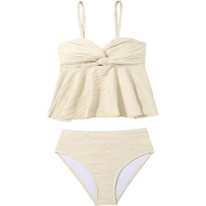 OYOANGLE Girl's 2 Piece Tankini Swimsuit Textured Twist Front Ruched Ruffle Bikini Set Bathing Suits (Yellow, 2Y)