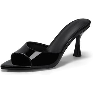 Coutgo Womens Heeled Mules Pointed Peep Toe High Heels Slip On Backless Mule Sandals Dress Shoes, Black, Size 6