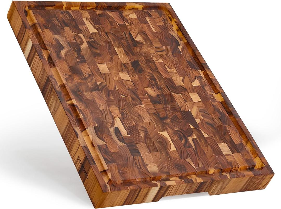 SHUMARU Teak End-Grain Wood Cutting Board - 24x18x2.25 Butcher Block | Handmade in Bali - Silky-Smooth, Juice Groove, KnifeFriendly, Ergonomic Grips & NonSlip Feet