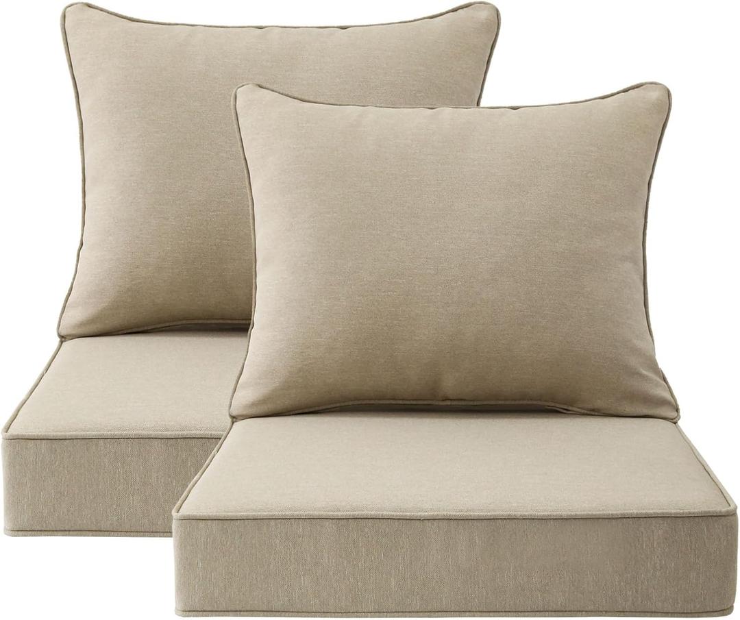Outdoor Patio Chair Cushions Set, 24" x 24", Set of 2, Water-Repellent, Fade Resistant, Deep Seat Bottom and Back Cushion for Backyard, Couch, Sofa and Patio Furniture, Tan