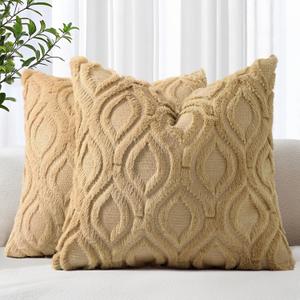 decorUhome Cozy Textured Throw Pillow Covers 18x18 Inch Set of 2, Soft Plush Faux Wool Light Brown Accent Couch Pillow Covers for Modern Farmhouse Sofa Bed Living Room