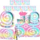 142Pcs Tie Dye Birthday Party Decorations,Colorful Birthday Party Supplies Tableware Includes Tie Dye Plates and Napkins,Cups,Tablecloth,Happy birthday Banner, Serve 20