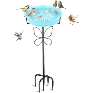 37In Bird Bath for Outside, 2-in-1 Birdbath & Birdfeeder with Detachable Plastic Bowl, Metal Butterfly Stake & Sturdy 5-Pronged Base for Outdoor Garden Yard Decor (Blue)