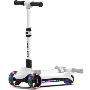 ELECOSMOS Safe Electric Scooter for Kids 4+, Balance for Beginner, Thumb Throttle, Flash Deck, Extra Wide Light Up Big Wheels, Adjustable Heights, 5 MPH Safe Speed (White)