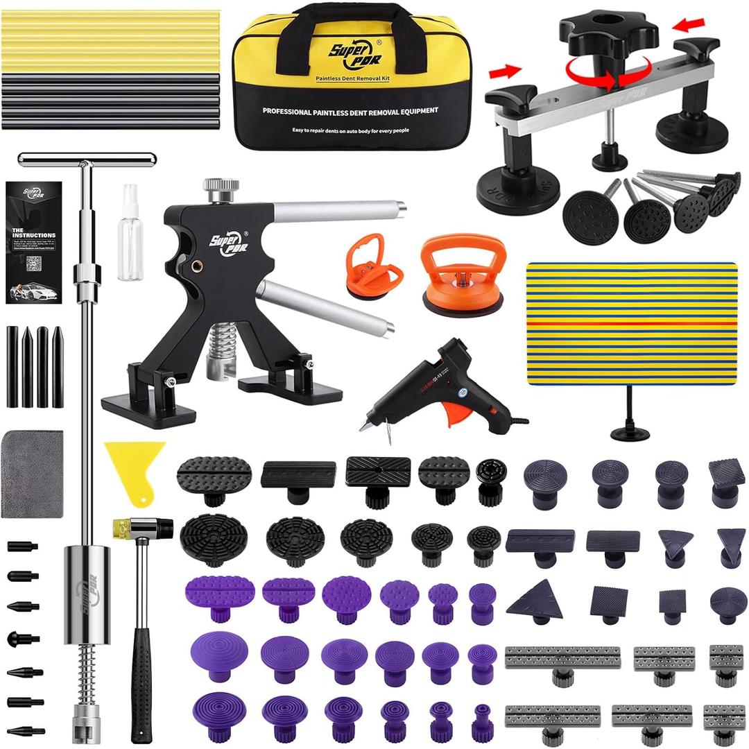 Super PDR 112 Pcs Paintless Dent Removal Kit, with Black Lifter, Bridge Puller, Slide Hammer T-Bar, PDR Light Board, Suction Cup Dent Puller & 100W Glue Gun for Auto Body Dents, Hail Damage, Door Ding