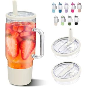 SIEROZUR 40 oz Glass Tumbler with Handle and Straw Lid Reusable Glass Tumbler with Silicone Sleeve BPA Free Iced Coffee Cup with Handle, Fits In Cup Holder, Dishwasher Safe (Beige)