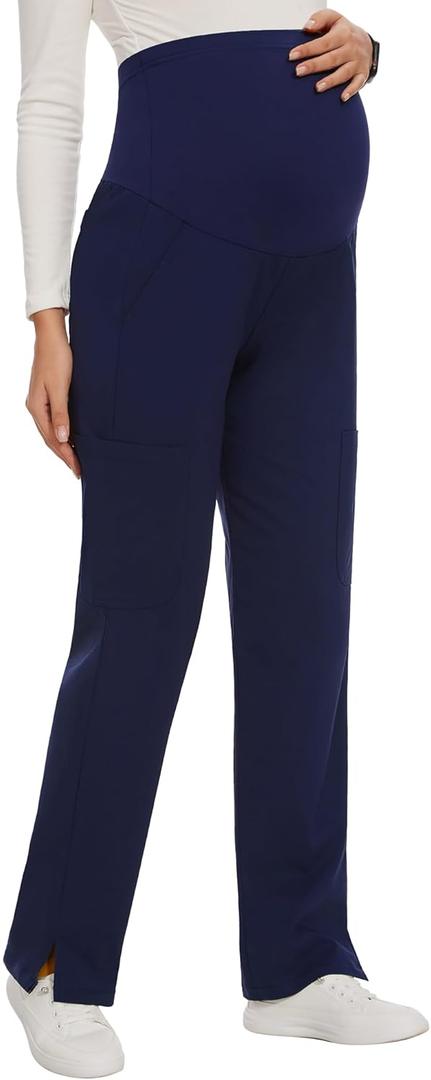 AMPOSH Women's Maternity Scrub Pants with 6 Pockets Stretchy Straight Leg Pregnancy Workwear, Navy XXL