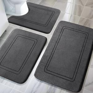 YIHOUSE Memory Foam Bath Mat Set, Non Slip Bath Mats for Bathroom, Super Soft and Water Absorbent Bath Rug Set, Machine Washable U Shape Toilet Mats, Dark Grey (3pieces)