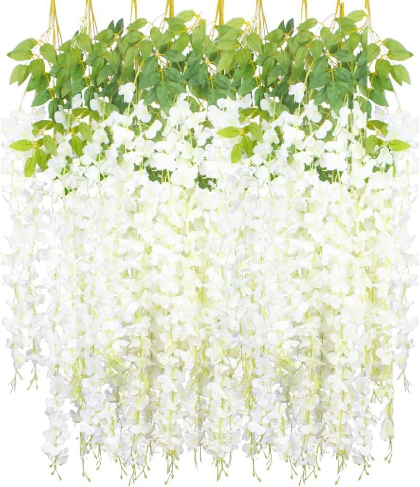 W-Mdsks 12 Pack Artificial Wisteria Vine Hanging Flowers Silk Floral Garland, 3.4 ft Length, Wedding Party Garden Decor (White*12 Pack)