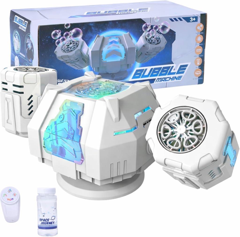 Upgraded Mecha Style Bubble Machine, Rechargeable Type-C Powered Bubble Blower with Remote Control, 360° Automatic Rotation & RGB Lights, 35k+ Bubbles/Min, Bubbles for Kids, Parties, Weddings, Outdoor