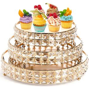 Goaste 3 Pack Crystal Cake Display Stand with Mirror, 14" 12" 10" Metal Pedestal Gold Round Cake Plate Stand, Dessert Cookies Fruit Serving Tray with Shining Crystal Beads for Wedding, Birthday Party