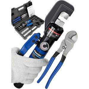 AMZCNC Hydraulic Crimping Tool and Cable Cutter Hydraulic Cable Lug Crimper 8 US TON 12 AWG to 00 (2/0) Electrical Terminal Cable Wire Tool Kit with 9 Die