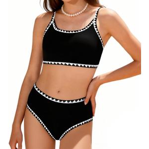FtcoDcik Girls Swimsuit Double Strap High Waist Sporty Bikini Swimsuits Summer Beach 2 Piece Bikini Sets(11 Years) Black (Black)