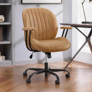KISLOT Ergonomic Home Office Chair with Removable Arms, Adjustable Swivel Desk Chair with Wheels, Modern Faux Leather Computer Chair with Lumbar Support, Camel Brown