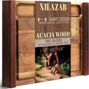 Acacia Wood Cutting Board 17x12 Inch Large Charcuterie Board with Juice Groove and Deep Recessed Well, Wooden Serving Tray with Side Handles