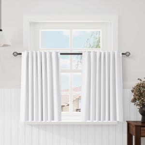 Nanspring Pure White 100% Blackout Kitchen Curtains Back Tab Rod Pocket Thermal Insulated Textured Short Black Out Curtain, 2 Panels Window Curtain for Bathroom Basement Camper 52x45