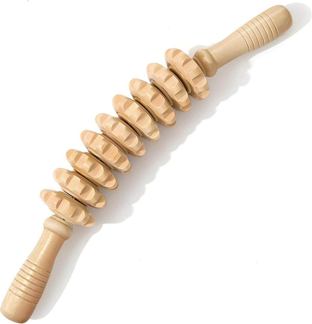 2 x Wooden Curved Massage Stick, 9 Rotatable Roller Wood Therapy Massager, Myofascial Fascia Relief Lymphatic Drainage Tool for Cellulite Reduction, Muscle Tension Relief for Belly Legs Thighs