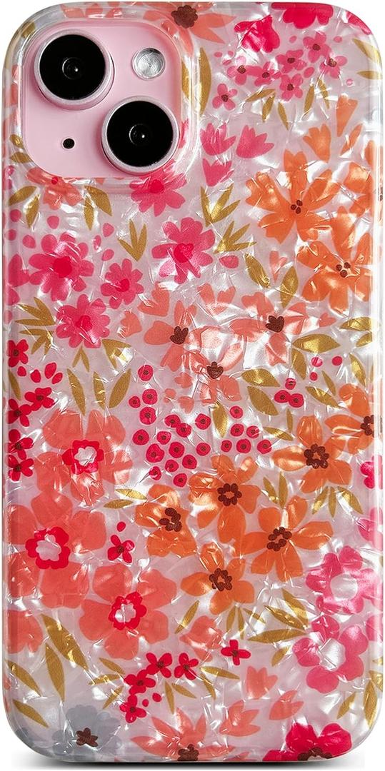 Qokey Compatible for iPhone 15 Case 6.1 inch,Cute Clear Flowers Design for Women Shell Pattern Soft Bumper Lightweight Slim Fit TPU Shockproof Phone Cover for iPhone 15,Pink Floral