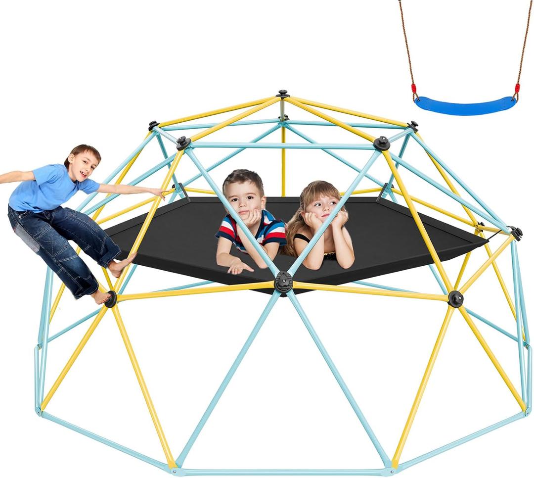 VEVOR Climbing Dome, 10FT Jungle Gym with Hammock and Swing, Geometric Dome Climber Supports 750LBS and Easy Assembly for Kids 3 to 10 Years Old, with Climbing Grip, Outdoor Backyard Play Equipment