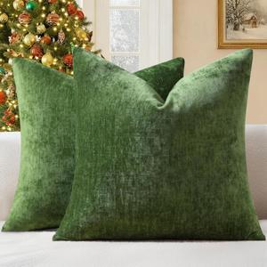 decorUhome Chenille Moss Green Christmas Throw Pillow Covers 18x18 Inch Set of 2, Decorative Soft Couch Pillow Covers Solid Dyed Accent Farmhouse Neutral Square Pillow Cases for Sofa