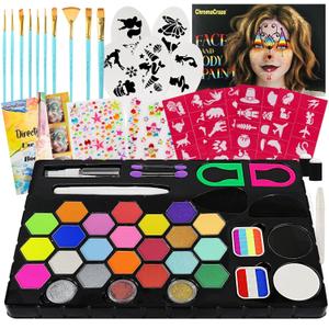 Face Painting Kit for Party - 24 Colors - Water Based Non Toxic Face Paint Set with Brushes, Stencils, sponges, Glitter, Crayon for Easter; Halloween; Carnival; Birthday; Stage Makeup Kit
