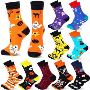 Shihanee 10 Pairs Halloween Socks Bulk Women Men Novelty Socks Spooky Pumpkins Ghosts Bats Cat Print Pattern Funny Crew Cotton Sock Halloween Gifts for Adult Teenager Cosplay Party Favors Supplies